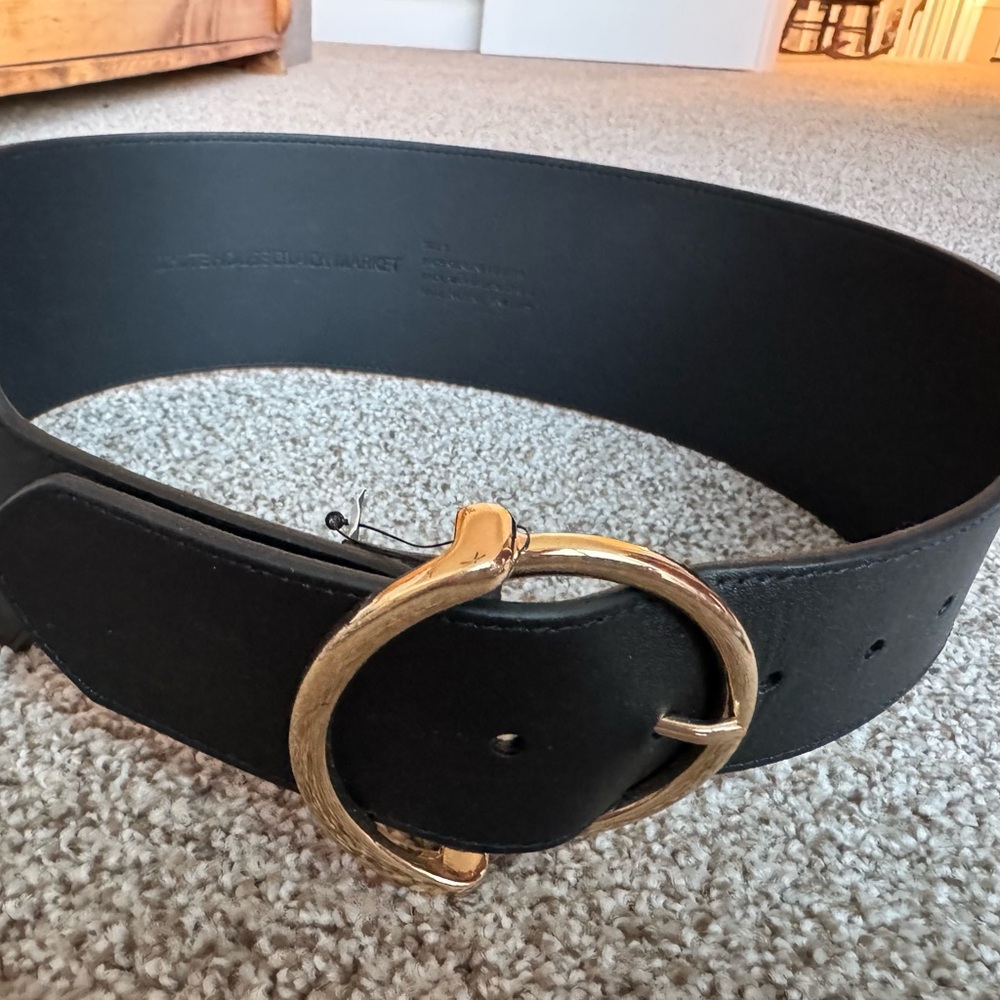 White House Black Market Black Wide Belt with Gold Round Buckle
